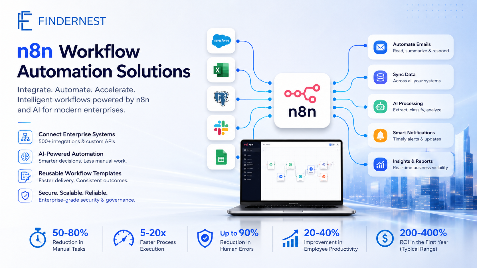 n8n Workflow Automation Services | AI Business Automation | FindErnest Skip to main content FINDERNEST SOFTWARE SERVICES PRIVATE LIMITED Show submenu for SolutionsSolutions AI & Intelligent Automation Cloud Transformation Data & Analytics Enterprise Digital Transformation Customer Experience Transformation Cybersecurity & Identity Solutions Platform Engineering Product Development Cloud-Native Applications DevOps & DevSecOps ERP & Enterprise Applications Observability & Reliability IT Support Cybersecurity Cloud Infrastructure Disaster Recovery Network & Server Management Contingent Workforce Dedicated Team Staffing Services Recruitment Process Outsourcing Show submenu for PlatformsPlatforms Show submenu for IndustriesIndustries Ecommerce HealthTech FinTech Edutech High Tech Healthcare Life Sciences Pharmaceuticals Medical Devices Biotechnology Banking Insurance Financial Services Telecom Gaming Entertainment OTT (Over-The-Top) Media Engineering Transportation Infrastructure Commercial/ Residential Manufacturing FMCG Automotive Oil & Gas Environment Energy Utilities Careers Show submenu for About UsAbout Us Contact Search Search Edit Blog Template n8n Workflow Automation Services | AI Business Automation | FindErnest Praveen Gundala by Praveen Gundala 29 June, 2026 11:07:20 AM IST Generate a narration for this blog post. n8n Workflow Automation: How FindErnest Helps Enterprises Eliminate Manual Work and Accelerate AI-Driven Operations The Future of Business Isn't More Software—It's Smarter Automation Organizations today use dozens, sometimes hundreds, of business applications. CRMs, ERPs, HRMS platforms, ticketing systems, communication tools, cloud platforms, AI models, finance applications, and countless internal systems all generate valuable data. The challenge isn't collecting data anymore. The challenge is making these systems work together without human intervention. This is where workflow automation becomes a competitive advantage. At FindErnest, we've implemented n8n-based workflow automation solutions that connect enterprise systems, eliminate repetitive work, orchestrate AI-powered business processes, and enable organizations to scale operations without proportionally increasing headcount. Rather than simply automating tasks, we help businesses automate entire business processes. Why n8n is Becoming the Enterprise Automation Platform of Choice Traditional automation platforms often become expensive as organizations grow. n8n offers a different approach: Open-source flexibility Self-hosted or cloud deployment Enterprise-grade security AI-native workflow capabilities 500+ integrations Custom API connectivity Low-code development with full-code extensibility The platform has experienced rapid enterprise adoption, with thousands of organizations using it to automate business-critical operations across finance, customer support, software engineering, marketing, DevOps, HR, and IT. How FindErnest Delivers Enterprise Workflow Automation Our automation practice focuses on designing scalable, reusable, and secure workflow architectures rather than isolated automations. Enterprise System Integration We integrate n8n with the following: Salesforce HubSpot Microsoft Dynamics SAP ServiceNow Jira GitHub Slack Microsoft Teams Google Workspace AWS Azure Databases REST APIs AI Models including OpenAI, Anthropic, and Gemini Instead of replacing enterprise systems, we make them work together intelligently. AI-Powered Workflow Automation Modern automation goes beyond moving data between applications. FindErnest builds intelligent workflows that can: Read emails automatically Classify support tickets using AI Summarize documents Generate reports Route approvals Trigger customer notifications Extract information from PDFs Create CRM records Analyze customer sentiment Generate knowledge base articles Build AI-powered internal assistants Every workflow is designed with governance, monitoring, auditability, and scalability in mind. Reusable Automation Templates That Accelerate Delivery One of the biggest challenges in automation projects is repeatedly rebuilding similar workflows. Our engineering teams develop reusable workflow templates for common enterprise use cases, including: Sales Automation Lead qualification CRM synchronization Proposal generation Opportunity tracking Customer Support AI ticket triage SLA monitoring Escalation workflows Knowledge management HR Operations Employee onboarding Access provisioning Document collection Approval workflows Finance Invoice processing Payment approvals Expense validation Financial reporting DevOps Incident notifications Deployment approvals Monitoring alerts Cloud operations Reusable templates reduce implementation time, improve consistency, and simplify governance across automation initiatives. Building Knowledge Alongside Automation Technology alone doesn't create transformation. People do. That's why FindErnest actively creates educational content, implementation guides, workflow examples, and best practices to help organisations successfully adopt automation. Our focus includes: n8n implementation strategies AI workflow architecture Enterprise integration patterns Automation governance API orchestration Prompt engineering for business workflows Observability and workflow monitoring Security best practices This enables customers to become self-sufficient while still benefiting from enterprise consulting and managed services. Business Outcomes Organizations Can Expect Every organization is different, but well-designed workflow automation consistently delivers measurable improvements. Typical enterprise automation initiatives can achieve: Business Metric Expected Improvement Manual task reduction 50–80% Process execution speed 5–20× faster Human errors Up to 90% reduction Employee productivity 20–40% improvement Customer response times 40–70% faster Operational costs 20–35% lower Automation ROI 200–400% in the first year for many successful implementations Actual outcomes depend on process complexity, adoption, governance, and implementation quality. Industry benchmarks consistently show substantial returns from workflow automation when deployed strategically. Why Enterprises Choose FindErnest Workflow automation succeeds when technology, process design, and business goals are aligned. FindErnest combines expertise across the following: AI Engineering Product Development Enterprise Integration Cloud Modernization Managed Services Platform Engineering Workflow Automation Observability DevOps Our consultants work with organizations to identify high-impact automation opportunities, prioritize initiatives based on business value, and deliver production-ready workflows that integrate seamlessly with existing enterprise ecosystems. Our Automation Delivery Framework Discover Analyze existing business processes and identify automation opportunities. Design Create scalable workflow architecture with governance and security. Build Develop production-ready workflows using reusable components. Integrate Connect enterprise applications, APIs, AI services, and databases. Test Validate reliability, security, performance, and compliance. Deploy Launch workflows with monitoring, alerting, and rollback strategies. Optimize Continuously improve workflows using analytics and operational insights. The Future is AI-Orchestrated Automation As enterprises adopt AI, the next competitive advantage won't come from isolated AI tools. It will come from connecting AI with business systems through intelligent workflow orchestration. n8n provides the automation engine. AI provides intelligence. FindErnest delivers the strategy, architecture, implementation, and ongoing optimization that transforms these technologies into measurable business outcomes. Organizations that automate today will be better positioned to innovate, scale, and compete in the AI-first economy. Ready to Transform Your Business Processes? Whether you're looking to automate a single workflow or modernize enterprise-wide operations, FindErnest helps organizations design, build, and manage intelligent automation solutions powered by n8n, AI, and cloud-native technologies. Let's build the future of work—one intelligent workflow at a time. Ready to automate repetitive work and accelerate AI adoption? Connect with FindErnest to design secure, scalable n8n workflows tailored to your business goals. Tags: Generative AI, Artificial Intelligence, Intelligent Automation, DevOps, Managed Services, Solution Architecture, Implementation, AI, Technology, Business Intelligence, Operations, Software Development, Application Development, Digital Transformation, Enterprise Applications, Large Language Models (LLMs), Automation as a Service (AaaS), Cloud Native, n8n Praveen Gundala Post by Praveen Gundala Praveen Gundala, Founder and Chief Executive Officer of FindErnest, provides value-added information technology and innovative digital solutions that enhance client business performance, accelerate time-to-market, increase productivity, and improve customer service. FindErnest offers end-to-end solutions tailored to clients' specific needs. Our persuasive tone emphasizes our dedication to producing outstanding outcomes and our capacity to use talent and technology to propel business success. I have a strong interest in using cutting-edge technology and creative solutions to fulfill the constantly changing needs of businesses. In order to keep up with the latest developments, I am always looking for ways to improve my knowledge and abilities. Fast-paced work environments are my favorite because they allow me to use my drive and entrepreneurial spirit to produce amazing results. My outstanding leadership and communication abilities enable me to inspire and encourage my team and create a successful culture. Related Articles AI-Forward Development: Transforming Enterprises for the Future Generative AI • 23 June, 2026 8:12:51 PM IST AI-Forward Development: Transforming Enterprises for the Future 3 min read Context Engineering: The Next Frontier in Enterprise AI Transformation Generative AI • 23 June, 2026 7:36:52 PM IST Context Engineering: The Next Frontier in Enterprise AI Transformation 6 min read Comments First Name* Last Name Email* Website Comment* Edit Blog Sidebar Categories Technology Business Intelligence Operations Innovation Business Consulting Managed Services Intelligent Automation Solution Architecture AI Software Development Business Implementation Artificial Intelligence Engineering Governance Configuration DevOps Generative AI Application Development Outsourcing Recent Posts AI-Forward Development: Transforming Enterprises for the Future AI-Powered Social Research: Transforming Conversations into Growth Context Engineering: The Next Frontier in Enterprise AI Transformation Cybersecurity & Identity Solutions: Building Secure Digital Enterprise ERP & Enterprise Applications: Key Drivers of Modern Business Growth End-to-End Product Development for Digital-First Enterprises Platform Engineering Services: Boosting Productivity and Innovation Why Modern Enterprises Need End-to-End Digital Transformation Services Top Benefits of Using HubSpot CMS for Your Business How FindErnest Enabled Faster Pega Transformation Delivery in Banking Transforming Customer Operations with HubSpot: A FindErnest Case Study Modernizing Enterprise ERP & CRM: FindErnest's Approach to Efficiency Accelerating Enterprise Digital Transformation: FindErnest Case Study Future of MarTech & AdTech: Intelligent Customer Engagement in 2026 Automate Repetitive Operations and Unlock AI-Driven Productivity FINDERNEST LOGO copy Enterprise Transformation Powered by Expertise, Excellence & Execution Have a question? Feel free to reach out to info@findernest.com / +917207788004 Solutions Digital Transformation AI & Intelligent Automation Platform/Product Engineering Business Consulting Cloud Transformation Data & Analytics Managed IT Services Talent Solutions Partnerships AWS Oracle Microsoft Zoho SAP Databricks Hubspot Salesforce Service Now About us Who we are How we Engage Careers Blog & Insights Sustainability Community Guidelines Privacy Policy Terms & Conditions © 2026 FindErnest, Inc. All rights reserved. Privacy Policy | Acceptable Use Policy | Terms and Conditions